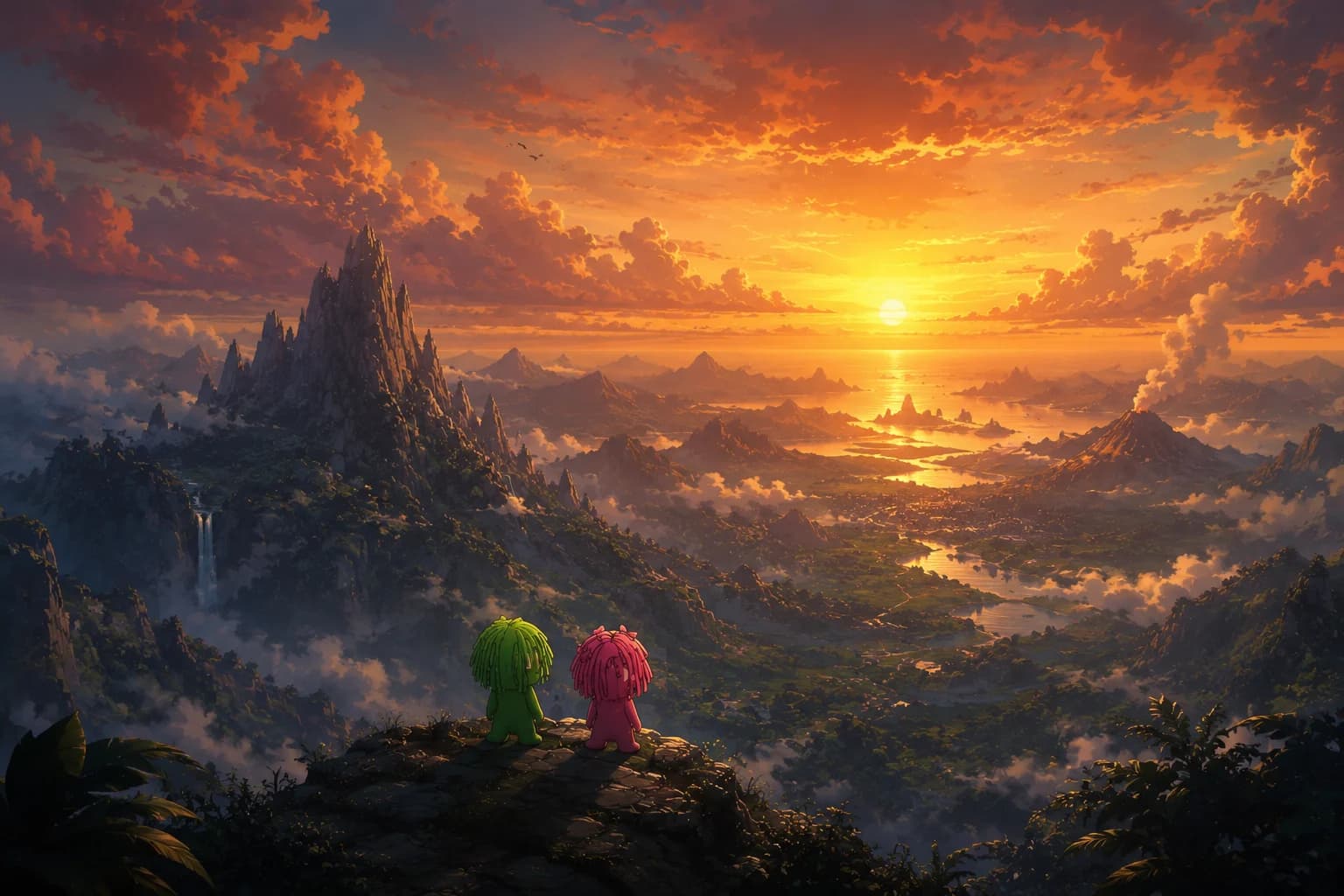 Two Spacedread characters stand together on a clifftop, looking out over a vast sunset landscape of mountains, waterfalls and sea.