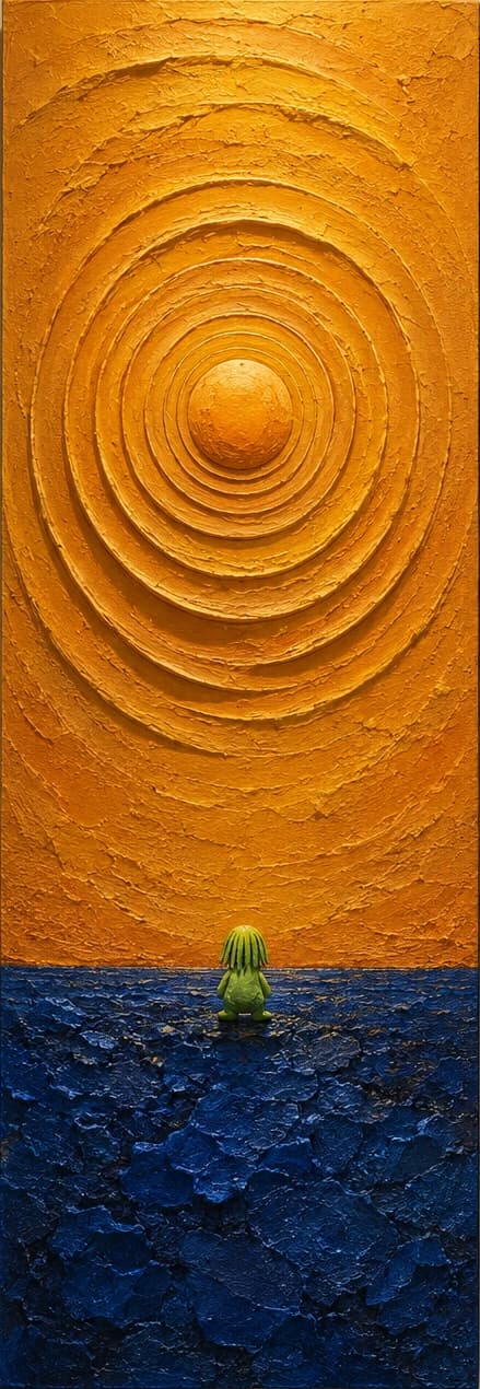 A tall panel: a ringed orange sun carved into the surface above a deep blue field of broken rock, with one tiny green figure near the horizon.