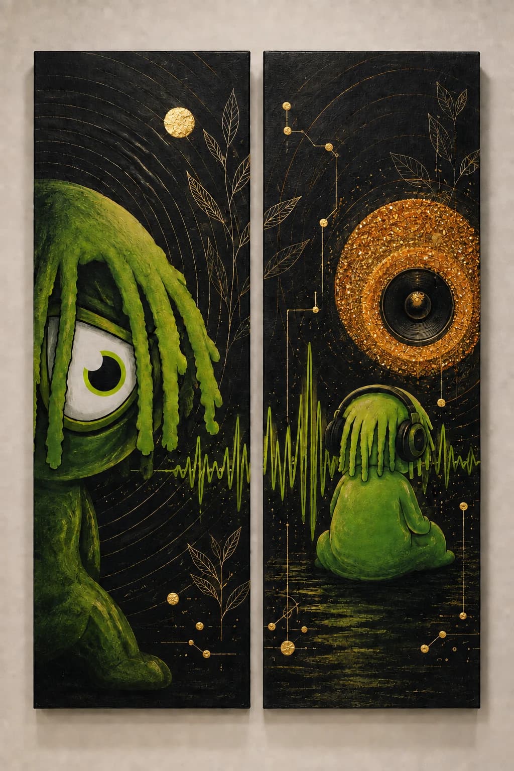 Dual set 04: two painted panels hanging together.