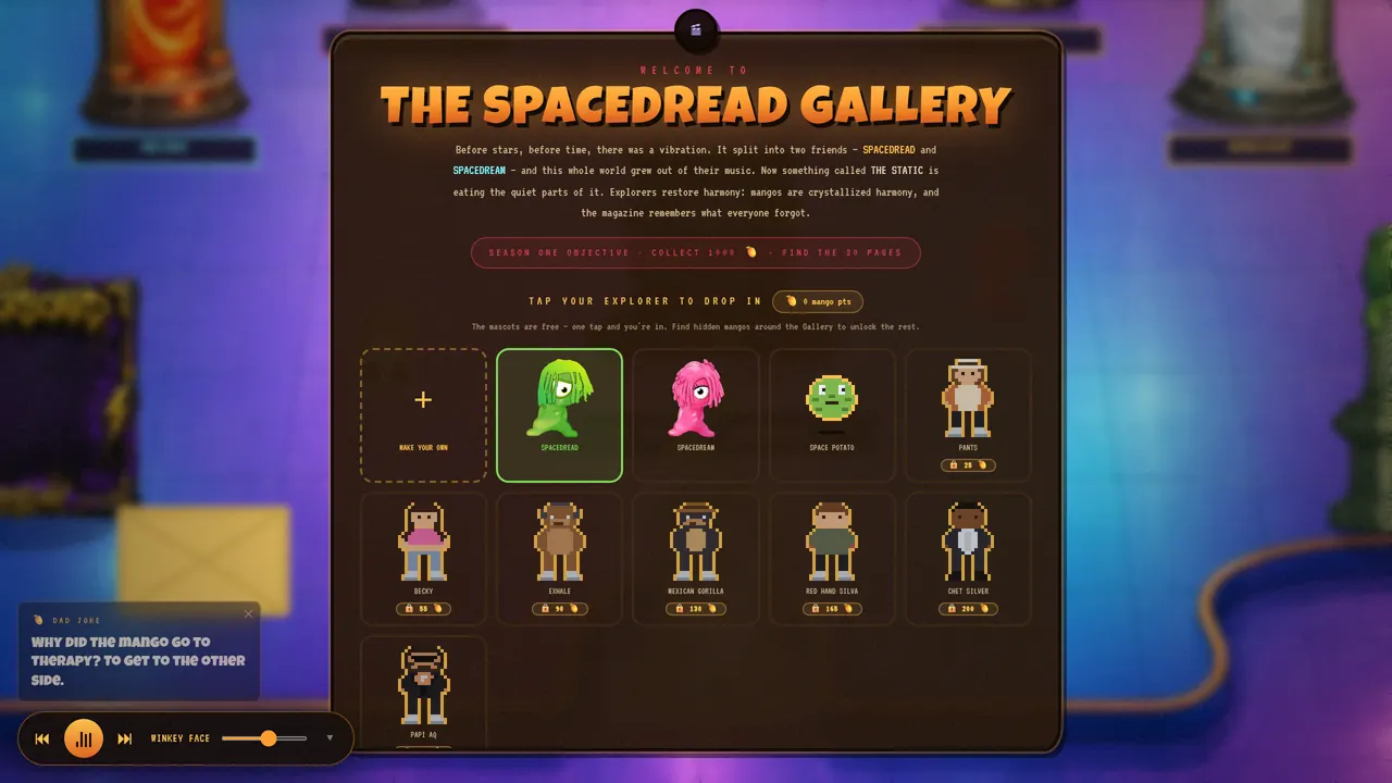 The Spacedread Gallery on spacedread.tv — a pixel-art lobby with a row of selectable characters, over a purple and blue painted background.