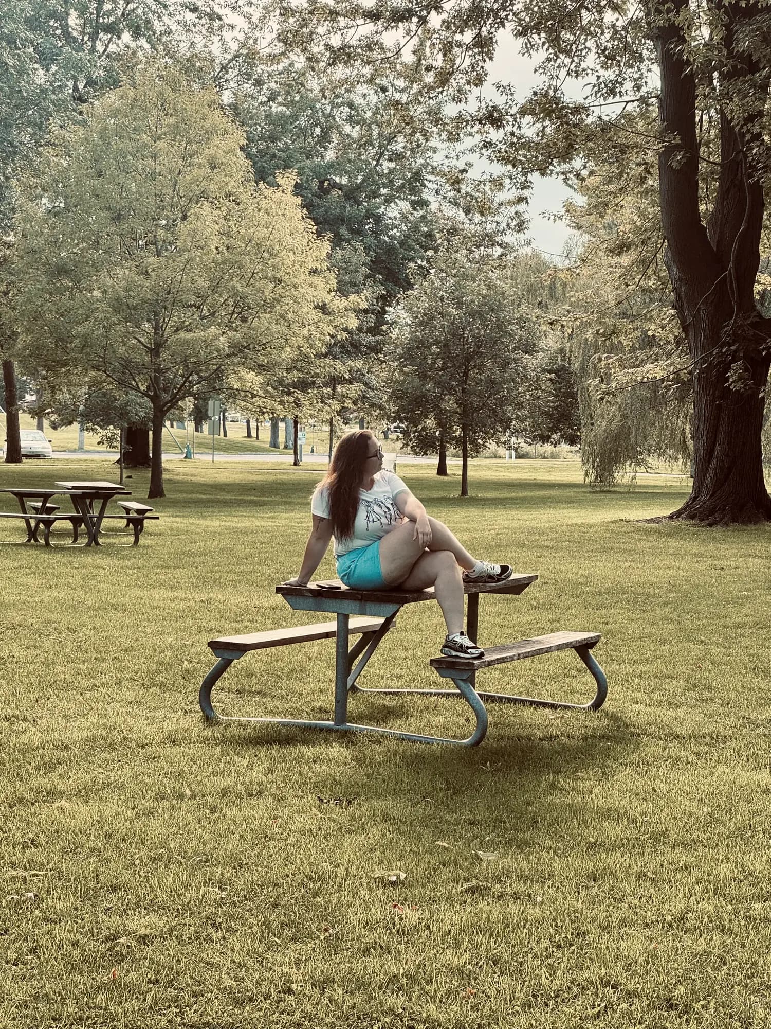 Amanda Andress lounging across a picnic table in a wide empty park, trees behind her.