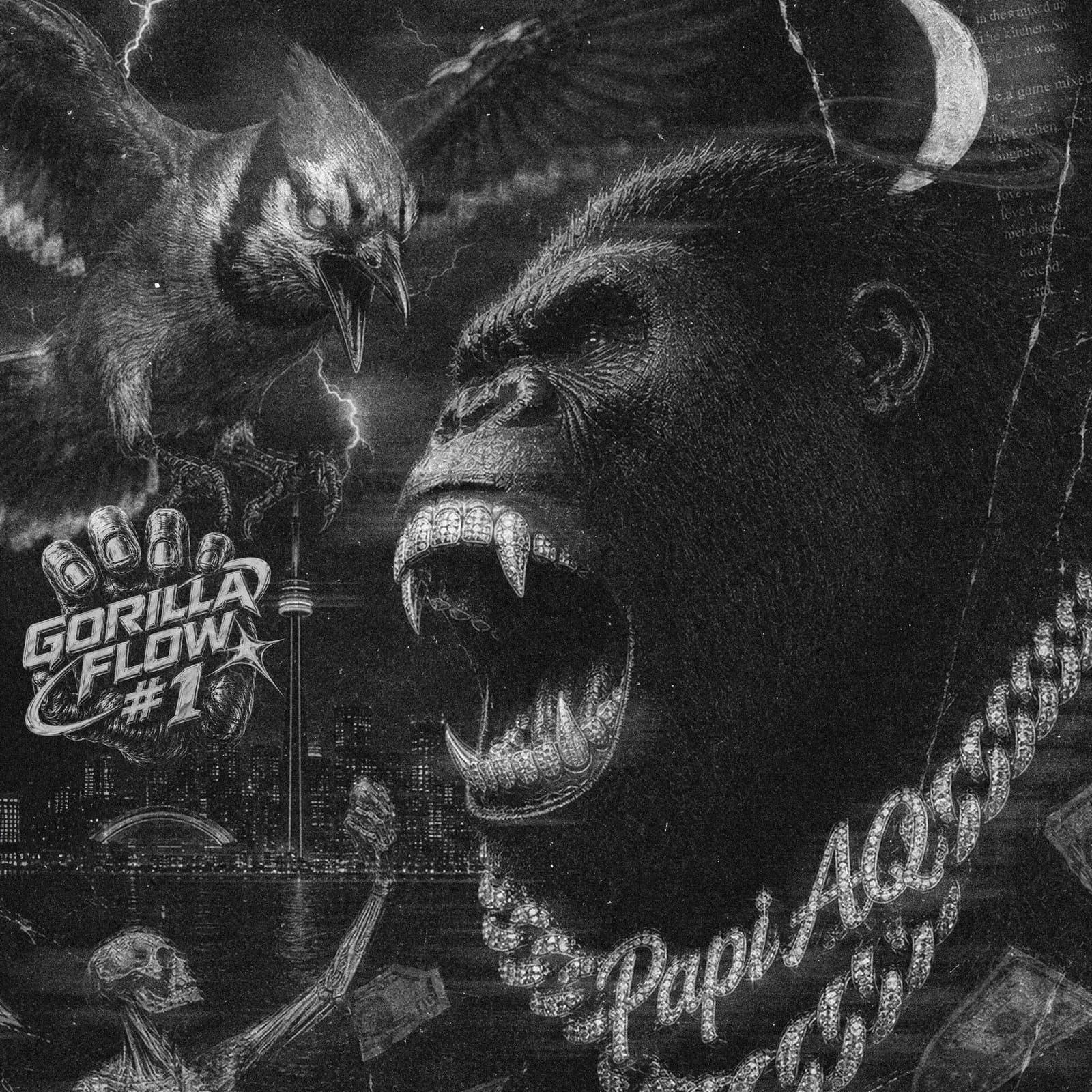 The Gorilla Flow #1 cover: a roaring gorilla in a diamond grill and a Papi AQ chain, an eagle diving out of a lightning sky, the Toronto skyline and the CN Tower behind them, all in black and white.