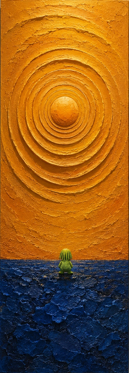 UNTITLED (02 · A) · A ringed orange sun over a deep blue field. One small green figure at the line.