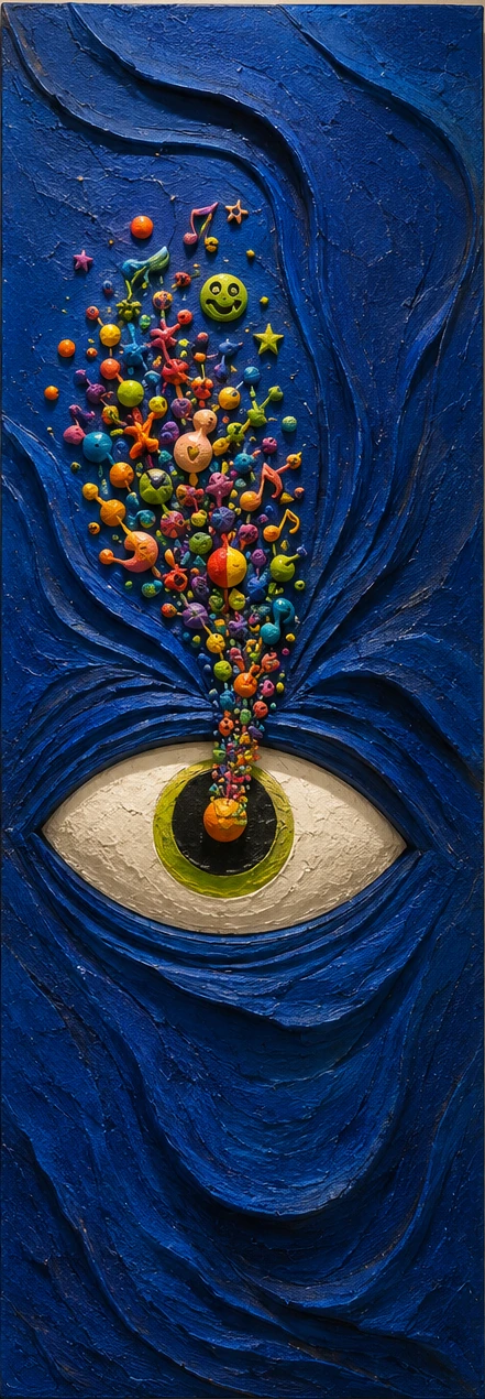UNTITLED (02 · B) · One enormous eye. A bouquet of small bright things leaving it.