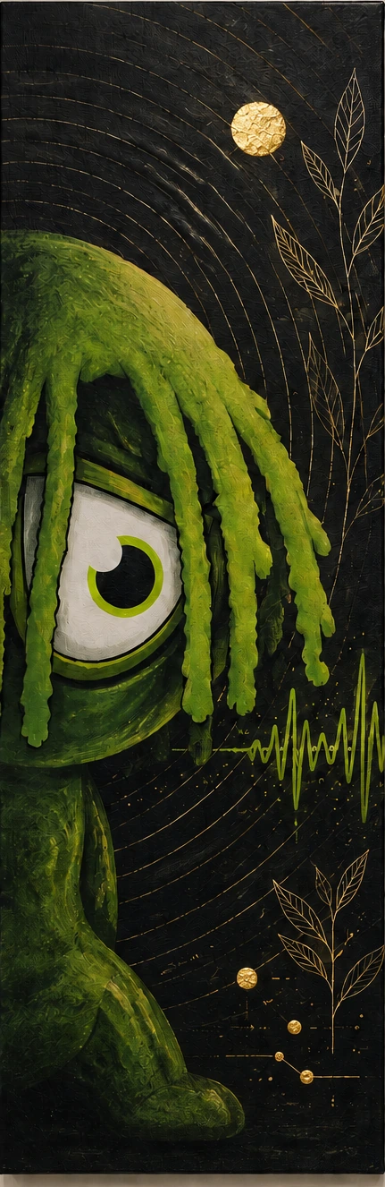 UNTITLED (04 · A) · Green figure in profile on black, one eye, gold moon, a waveform leaving the frame.