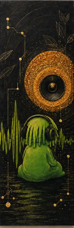 UNTITLED (04 · B) · The same figure from behind in headphones, under a gold record sun.