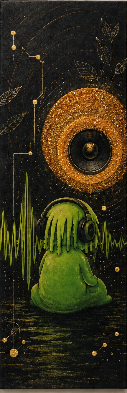 UNTITLED (04 · B) · The same figure from behind in headphones, under a gold record sun.