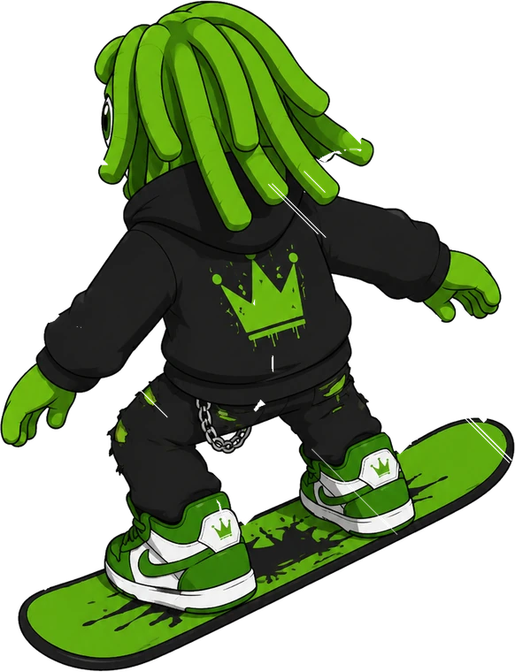 Illustration of the Spacedread character riding a snowboard downhill.