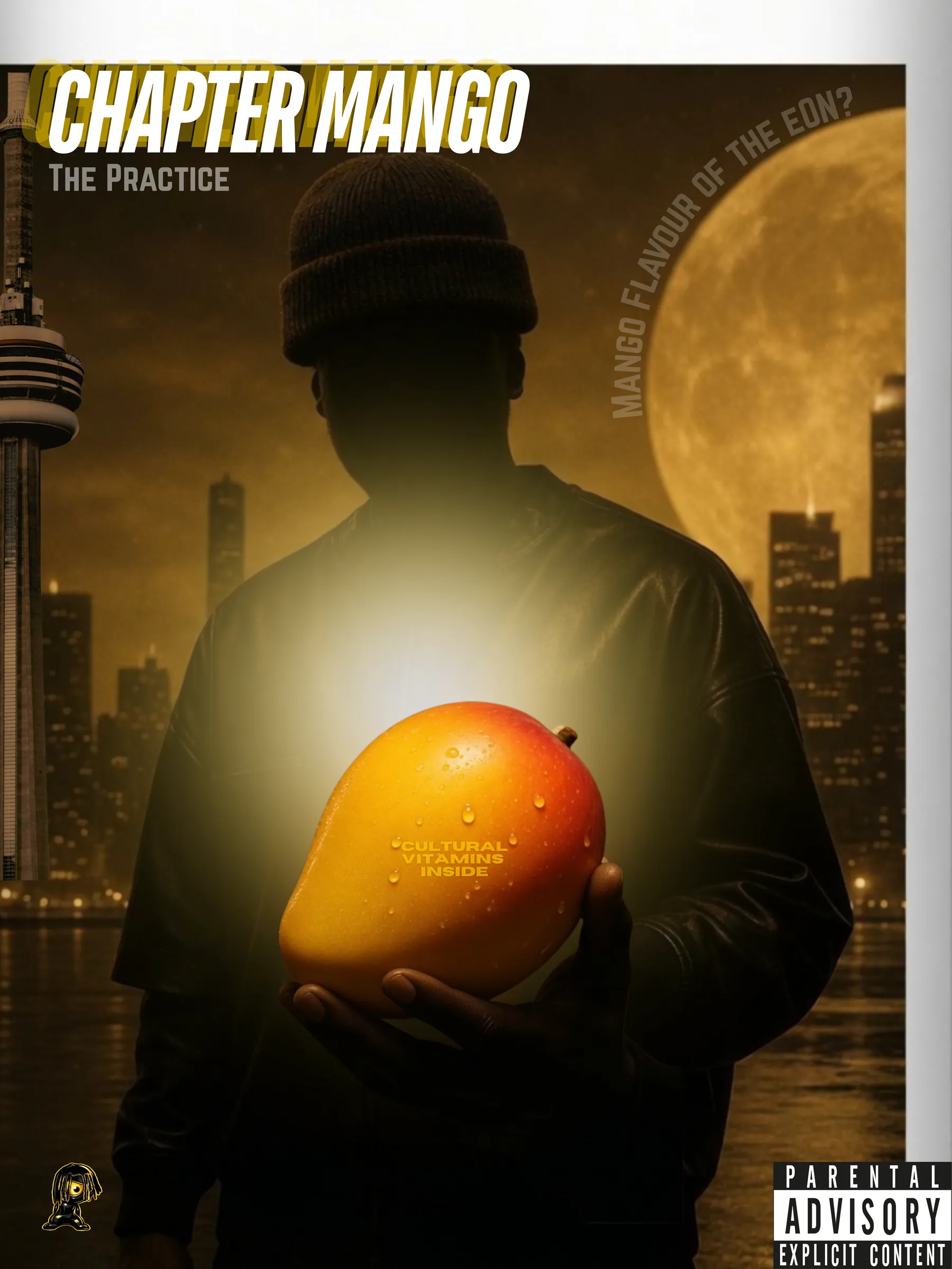 Chapter Mango cover: a figure holding a glowing mango in front of the Toronto skyline and a large moon.
