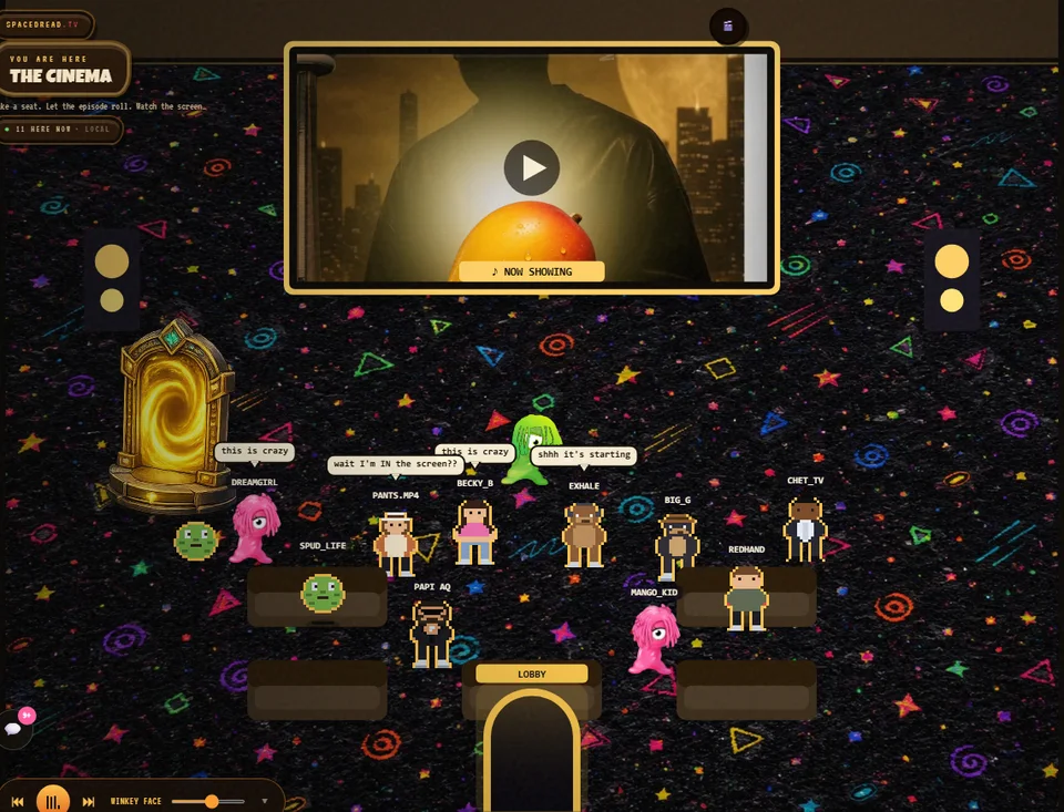 Screenshot of the Spacedread game cinema: ten pixel characters stand between the seats facing a big screen marked NOW SHOWING, with chat bubbles reading this is crazy and shhh it's starting.