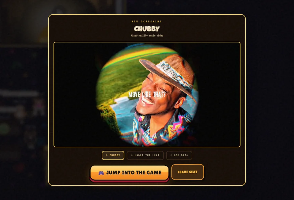 Screenshot of the Spacedread game cinema playing the music video CHUBBY in a NOW SCREENING panel, with buttons to jump into the game or leave the seat.
