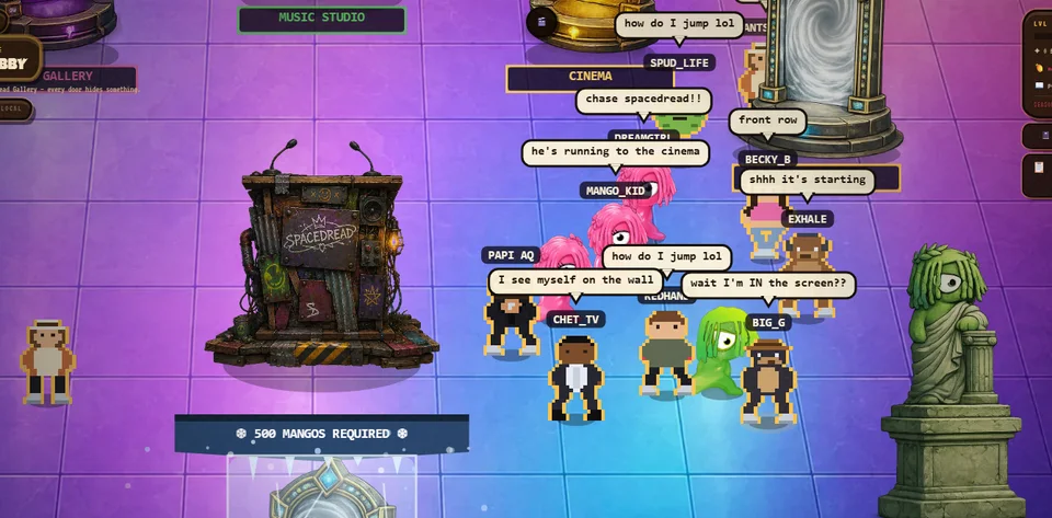 Screenshot of the Spacedread game world: a crowd of pixel characters with name tags and chat bubbles swarms around the green Spacedread character in the purple lobby, beside portals labelled Music Studio and Cinema. Bubbles read chase spacedread, he's running to the cinema and wait I'm IN the screen.